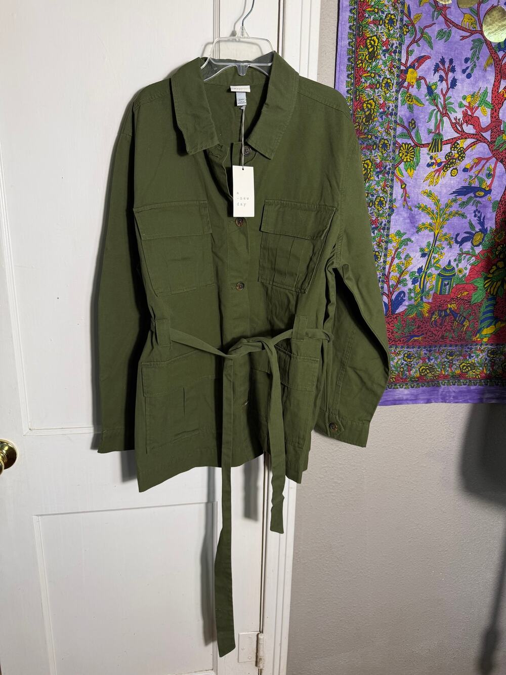 A New Day Utility Jacket XXL Olive Green Belted Safari Field Jacket NWT